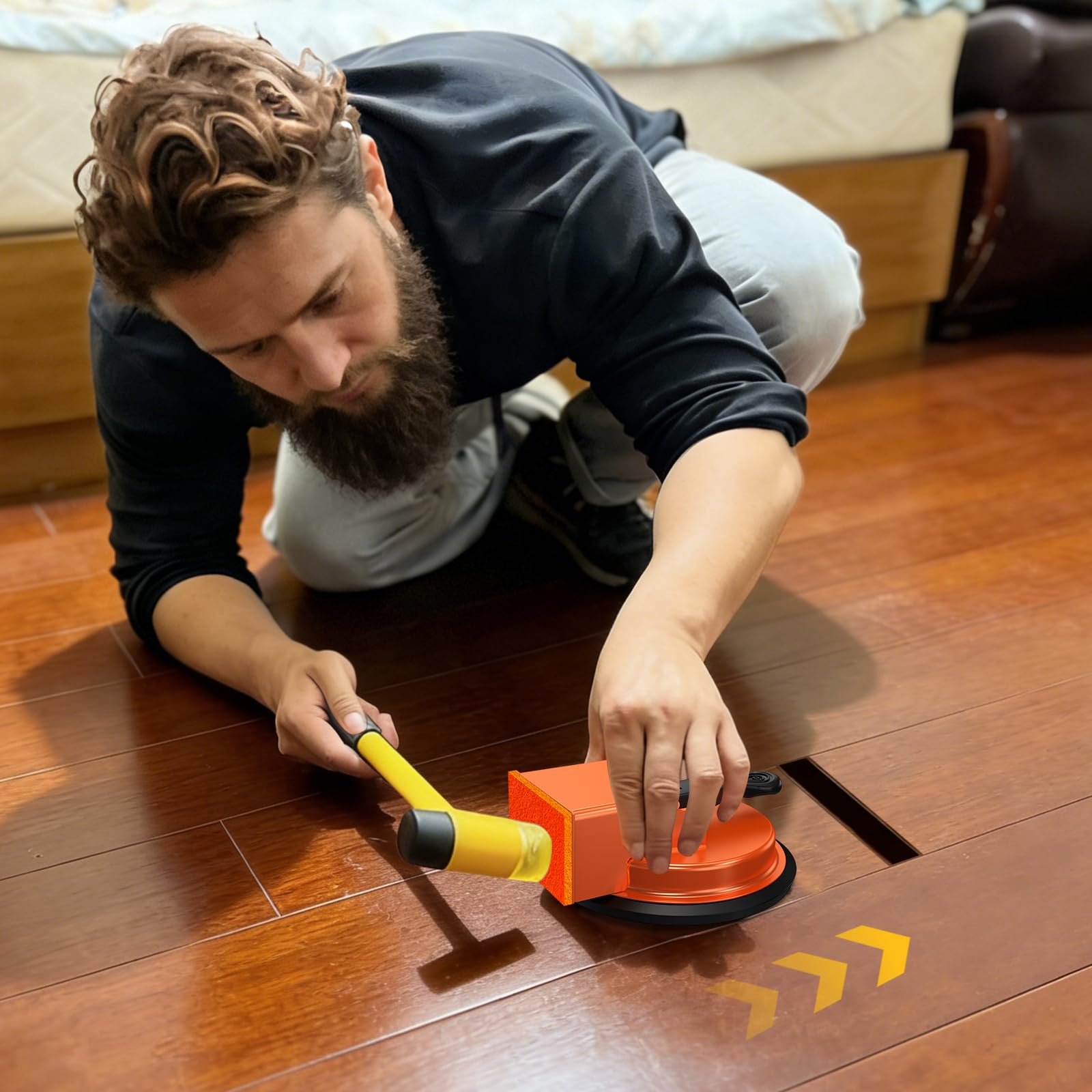 Floor Gap Fixer Tool, Metal Laminate Flooring Tools with 3 Reusable Patches, Repair Professional Suction Cup, Suitable for Most Floor Types, Efficient Flooring Tools One Head Style - 4