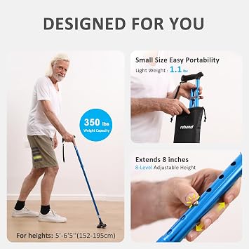 Rehand Walking Cane for Men Women - Foldable, Adjustable, Lightweight, Free Standing Swivel, Soft Handle, with Travel Bag, Walking Stick for Seniors and Adults