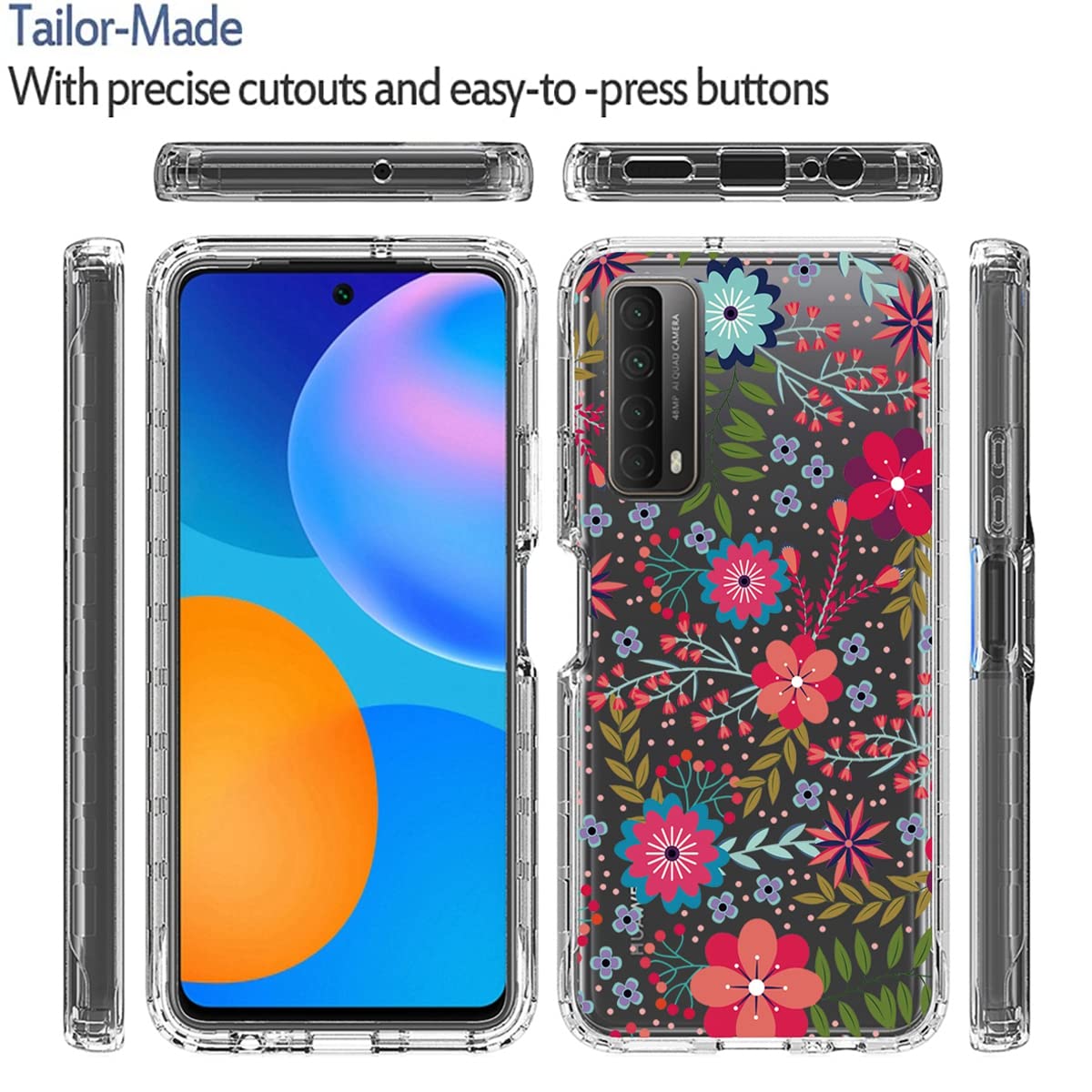 Vavies - Funda Para P Smart 2021/Huawei Y7A/Enjoy 20 SE Con Protector De Visualización De Vidrio Templado, Cuerpo Completo, Transparente Con Diseño Floral, Funda Para Teléfono Huawei P Smart 2021 (rosa Flor