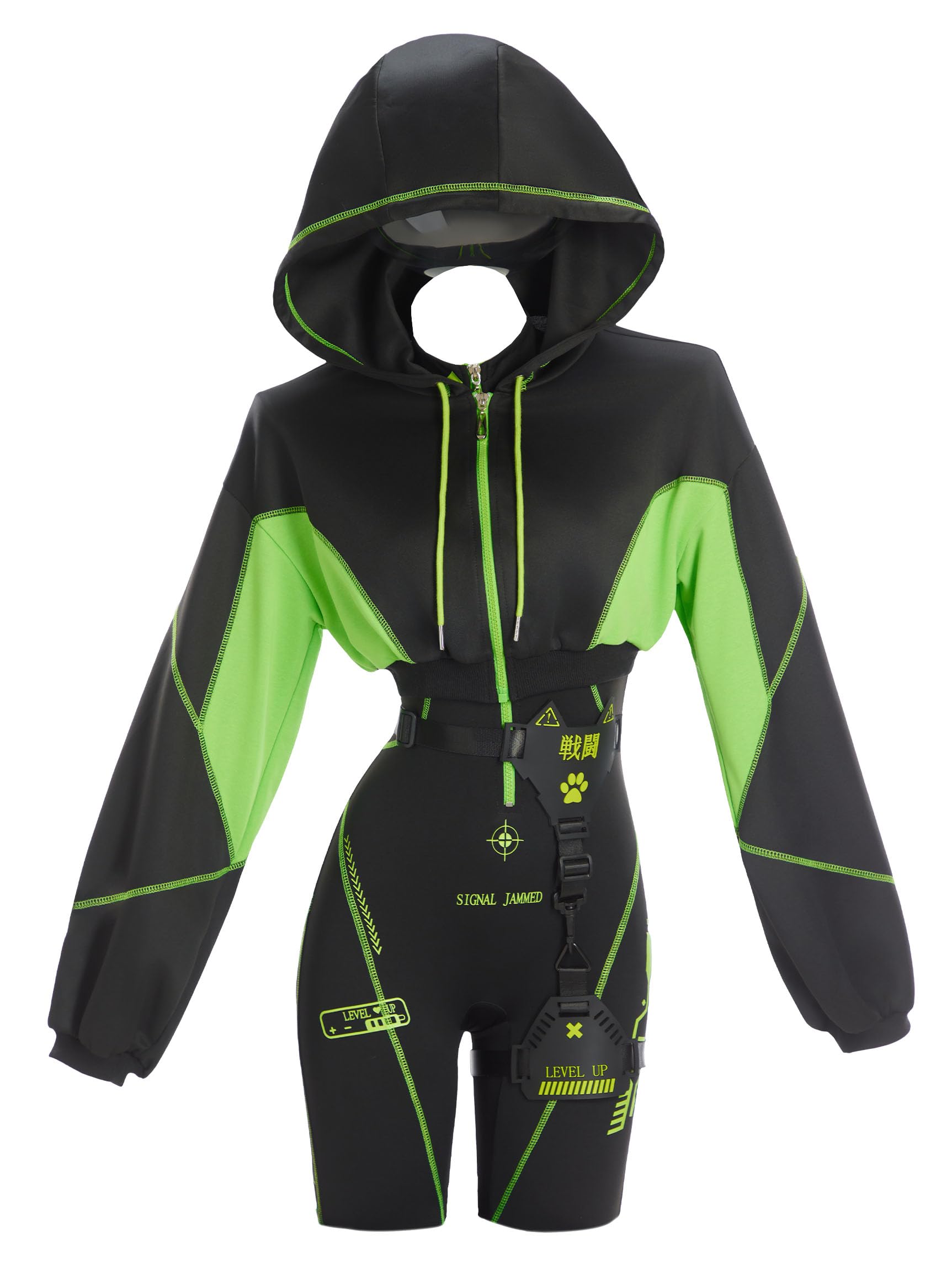 Cosplay.fm Women Cyber Suit Long Sleeve Workout Jumpsuit with Crop Hooded Sweatshirt (Not Included Harness Belt)