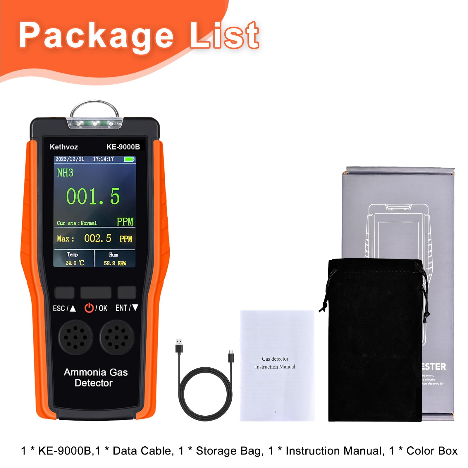 Detector de amoníaco 9000B - Monitor NH3 de alta precisión con sensor electroquímico, rango de 0-100PPM, función de alarma, portátil y compacto para agricultura industrial, seguridad ambiental