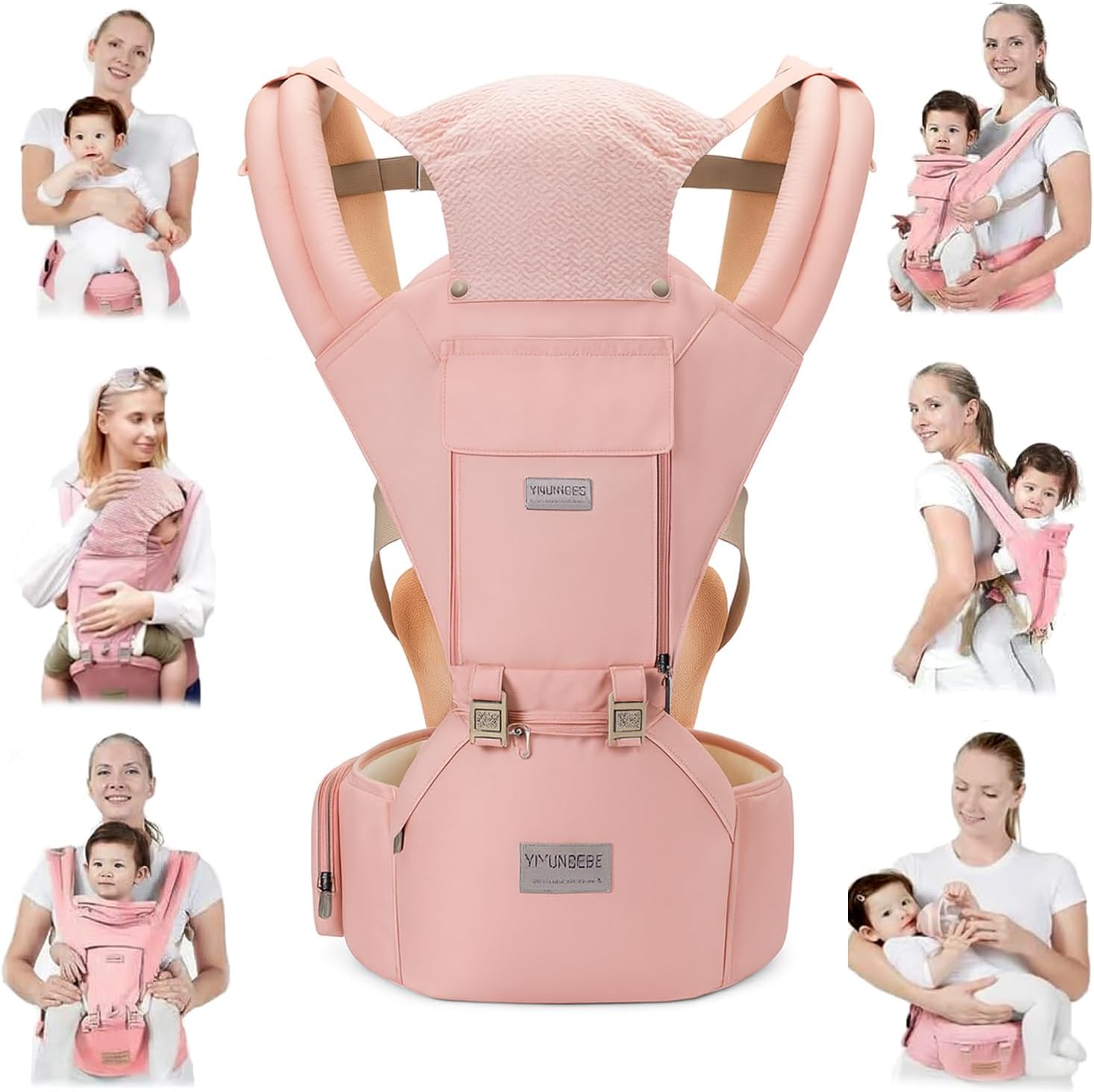 Baby Carrier with Hip Seat, 6-in-1 Ergonomic Baby Carrier for Newborn to Toddler, Adjustable Infant Carrier, Breathable Mesh, Front & Back Carry, Waist Support, Lightweight Travel (Pink)