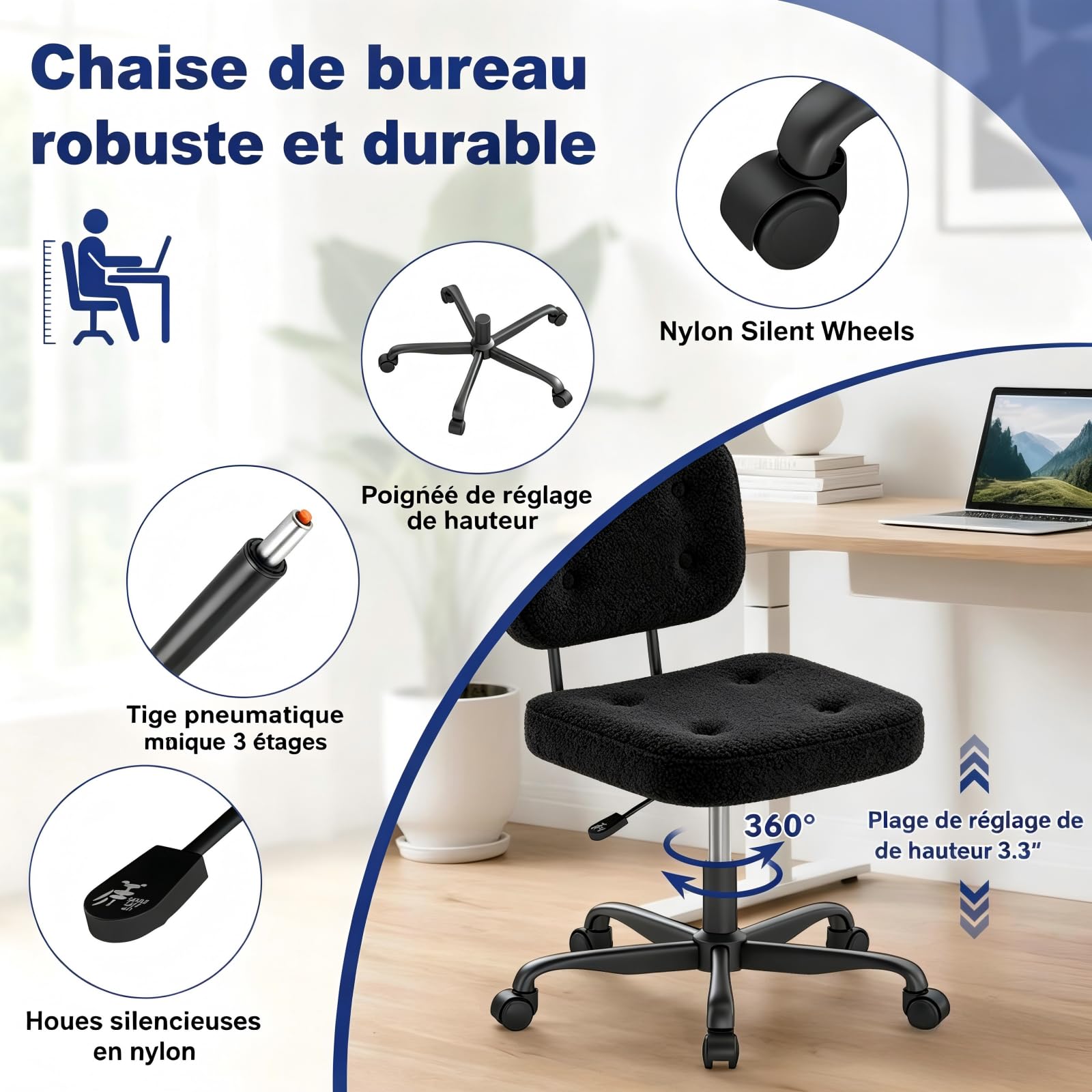 AnyGod Chaise de Bureau sans Accoudoirs en Polaire Teddy, Siège Pivotant Ergonomique Réglable en Hauteur avec roulettes, Petit Fauteuil pour Coiffeuse et Espaces Réduits, Noir