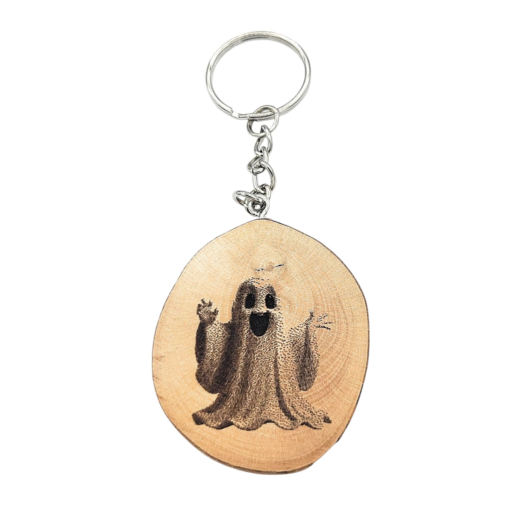Promotech Unisex Natural Wood Funny Ghost Handmade Laser Engraved Single Piece Keyring, W5l5