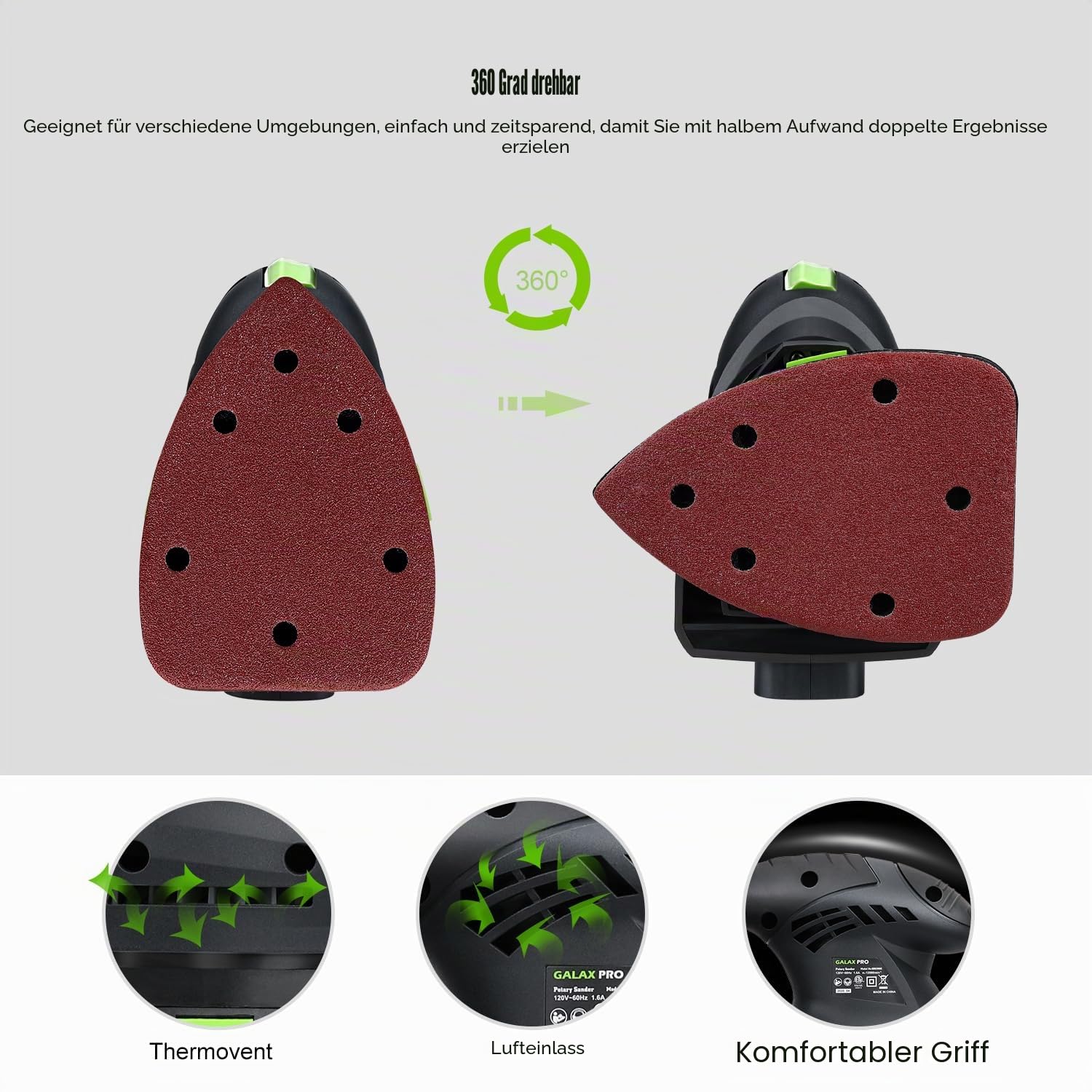 GALAX PRO 200W Detail Schleiber - 12000 OPM Electric Orbital Schleifer gepaart mit Staubsammlung und 10 Sandpapierstücken