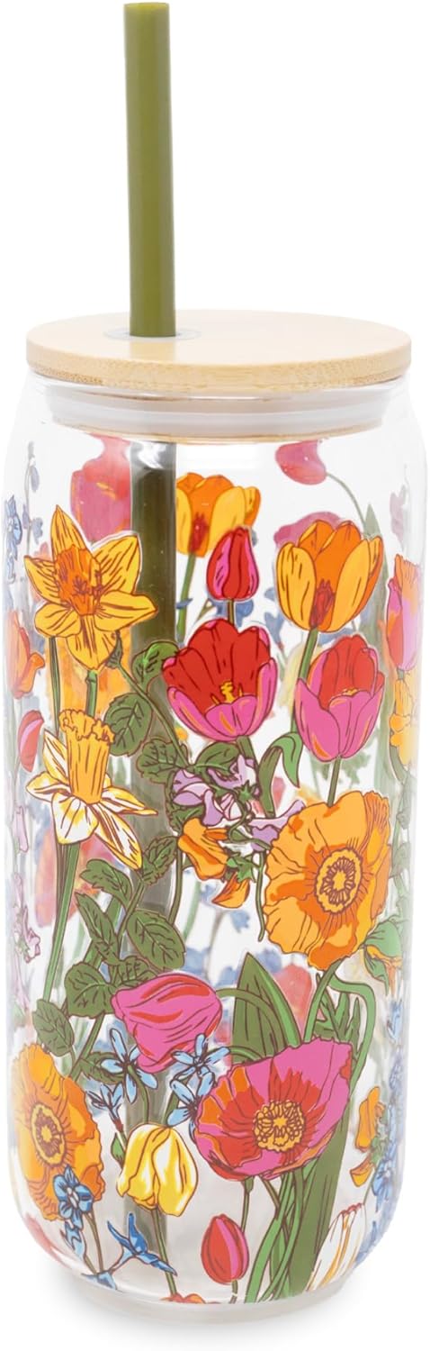 Glass Tumbler with Straw and Lid, 20 oz Ice Coffee Cup, Cute Glass Cup with Bamboo Lid (Meadow Bouquet) - Image 2