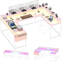 U/L Shaped Desk, Reversible Computer Gaming Desk with Power Outlet & LED Light, Large Corner Table with Monitor Stand & Storage Shelf, Idead for Home, Office, Gaming, Pink