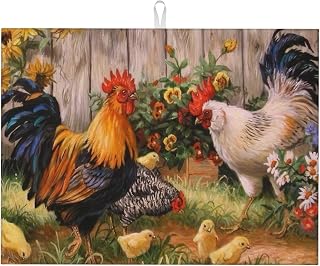 Chicken Family Dish Drying Mats for Kitchen Counter, Absorbent Reversible Microfiber Dish Drying Pad, Multi-Use Large Drying Mat Coffee Bar Accessories 18"x24"