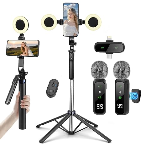 Content Creator Starter Set, Vlogging Kit for iPhone/Android, 180 cm Mobile Phone Tripod with 2 Full and Wireless Microphone, Selfie Stick Starter Kit
