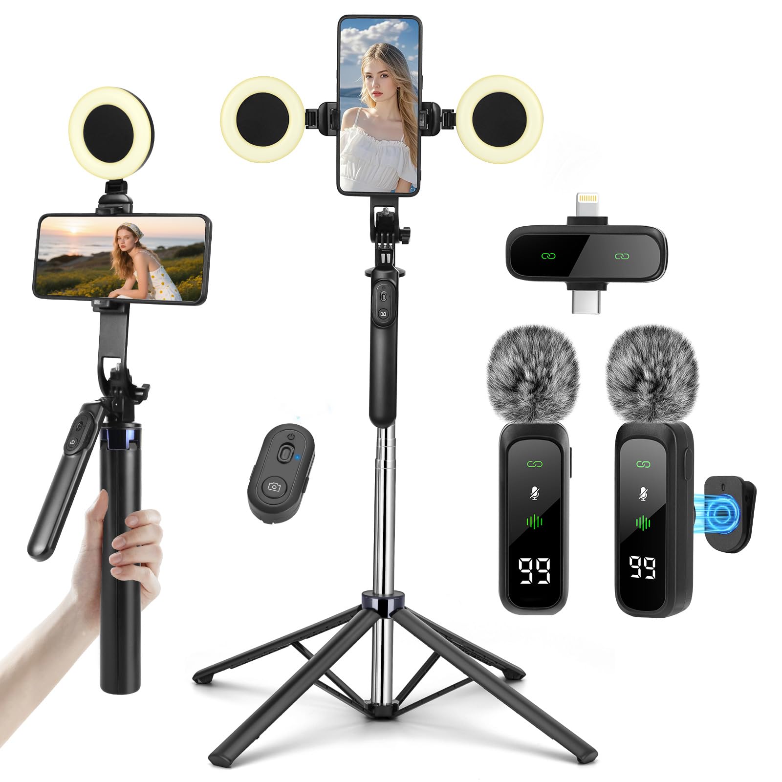 Content Creator Starter Kit, iPhone / Android Vlogging Kit, 180 cm Smartphone Treppiede con 2 luci di riempimento e microfono wireless, Selfie Starter Kit