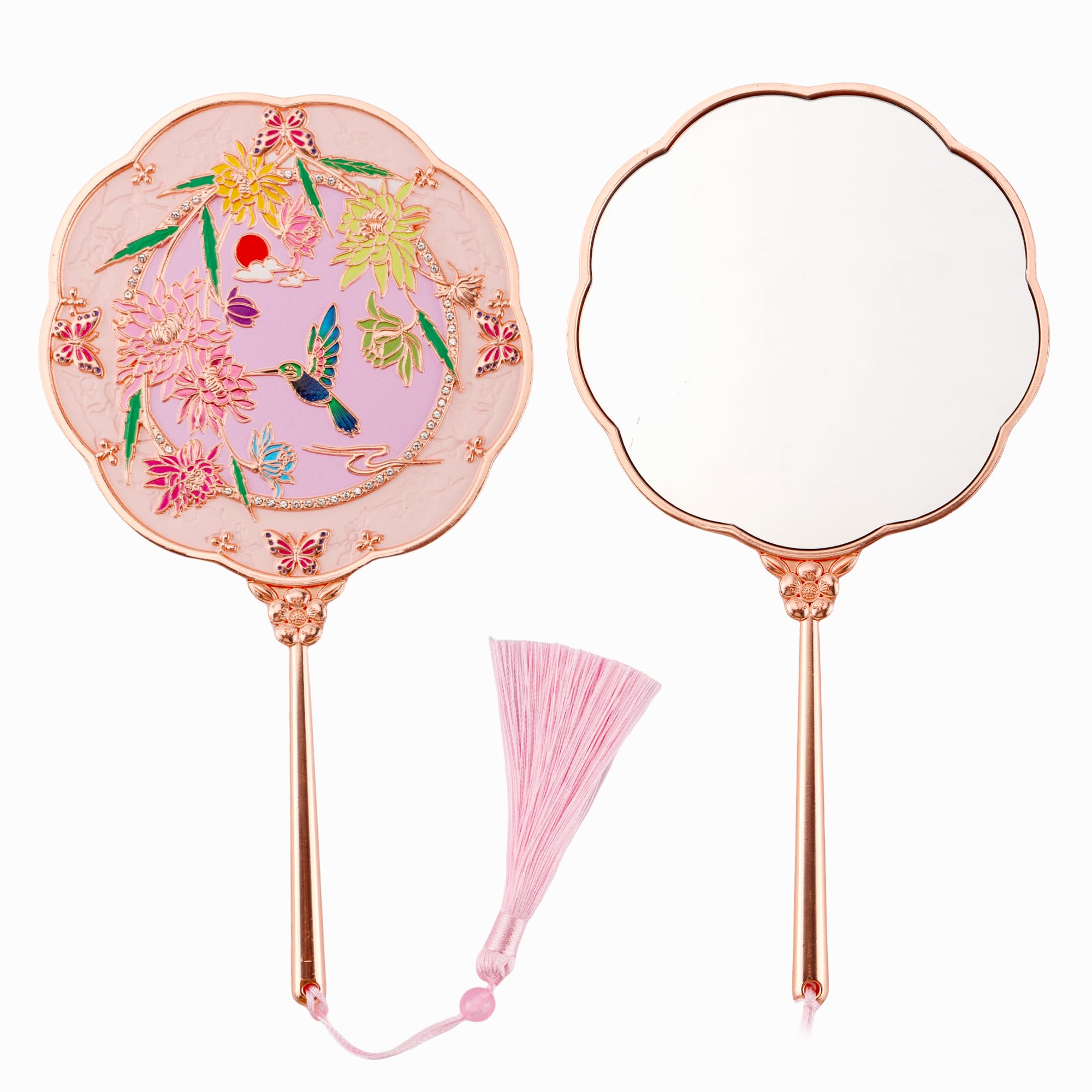 Premium Hand Mirror, Hummingbird Stylish Metal Hand Craft Makeup Mirror - Unique Gifts for Women, Mothers Day Birthday Gifts for Mom, Classic Aethetic Cosmetic Mirror (Rose Gold)