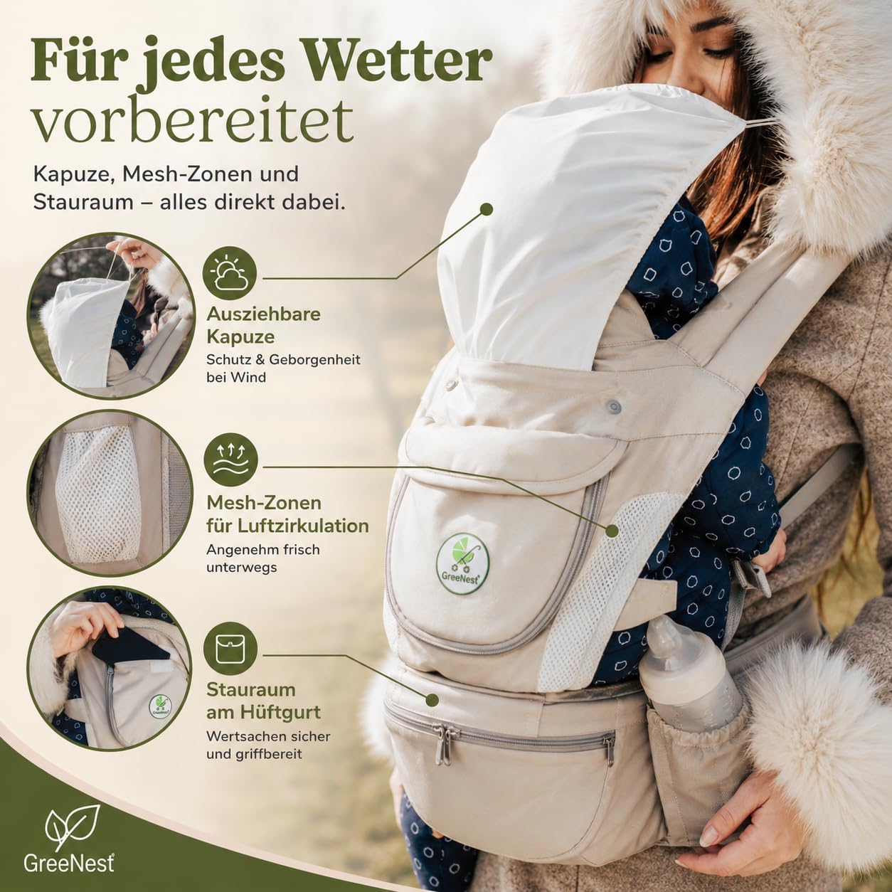 ÖKO Babytrage mit Hüftsitz 3 in 1 aus recycelten Materialien Bauchtrage, Hüfttrage & Rückentrage - atmungsaktiv mit Kapuze, Stauraum, Flaschenhalter für 6-36 Monate bis 3-29 kg