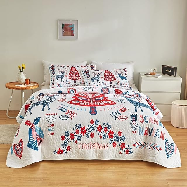Loussiesd Christmas Quilted Bedspread Single Xmas Christmas Tree Deer Bedding Set for Girls Women Ultra Soft Boho Elk Animal Quilts Set New Year Farmhouse Bohemian Style Floral Coverlet Quilted