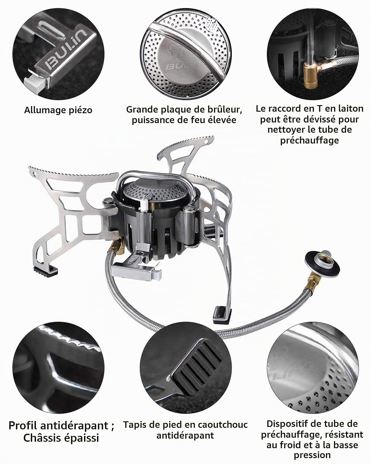 Bulin Réchaud Camping Portable avec Pare-Vent et Allumage Piézoélectrique | Réchaud Gaz INOX Robuste avec Tuyau de Préchauffage et Adaptateur, pour Camping, Randonnée, Trekking et Pique-Nique