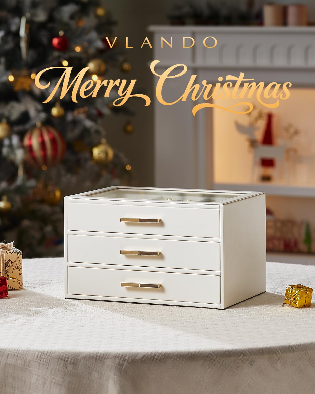 Vlando Jewelry Box for Women, Glass Lid Jewelry Organizer with 3 Drawers for Necklaces Rings Earrings Bracelets Mother Day Gift for Mom - Cloud White