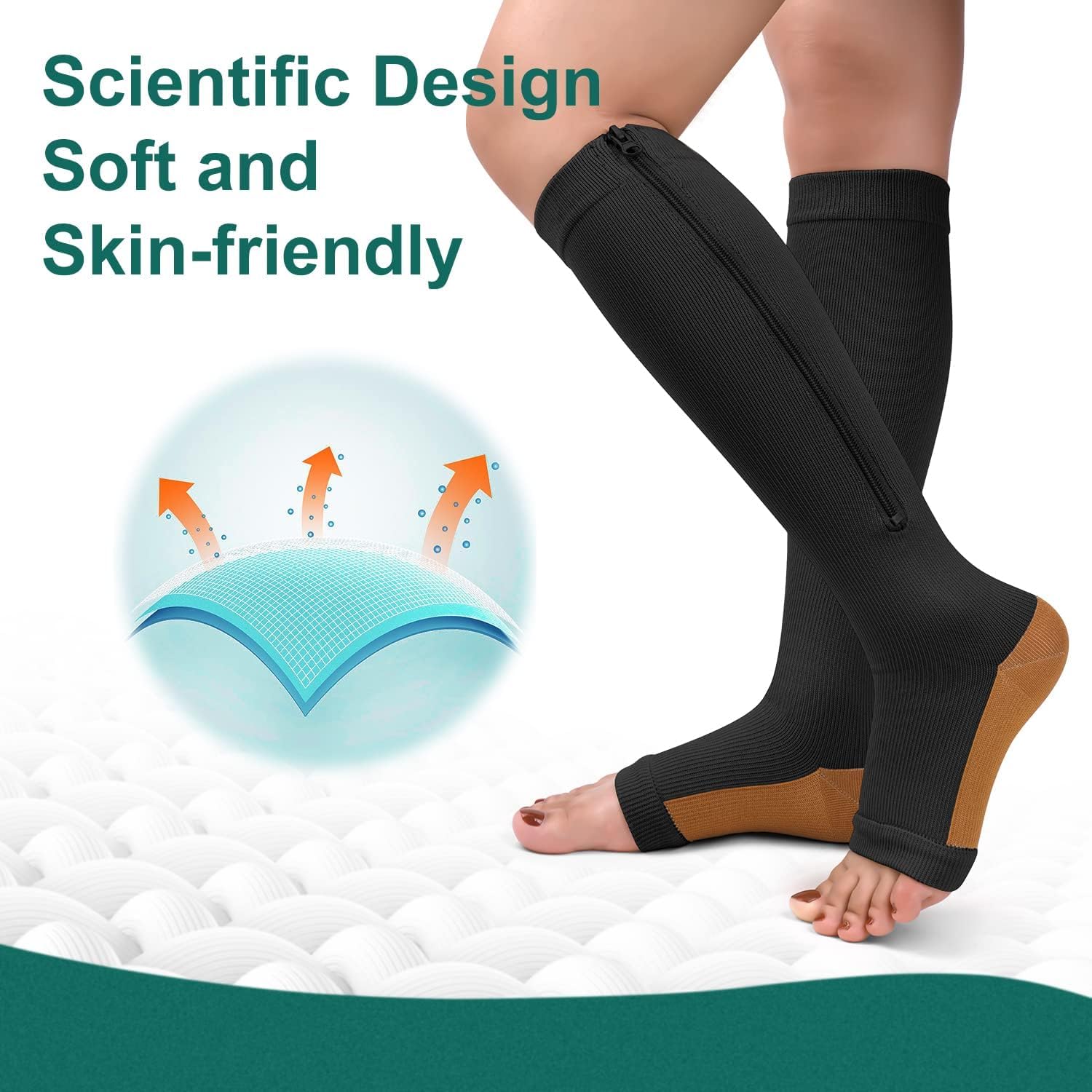 2 Pairs Copper Zipper Compression Socks 15-20mmgh-Calf Knee High Open Toe Support Stocking Compression Stocking - Image 3