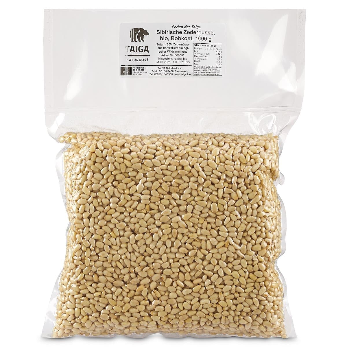 TAIGA Naturkost - Sibirische Zedernüsse Bio 1000g, Zedernkerne aus Wildsammlung, Alternative zu Pinienkernen, mild und süß – naturbelassen (1000g)