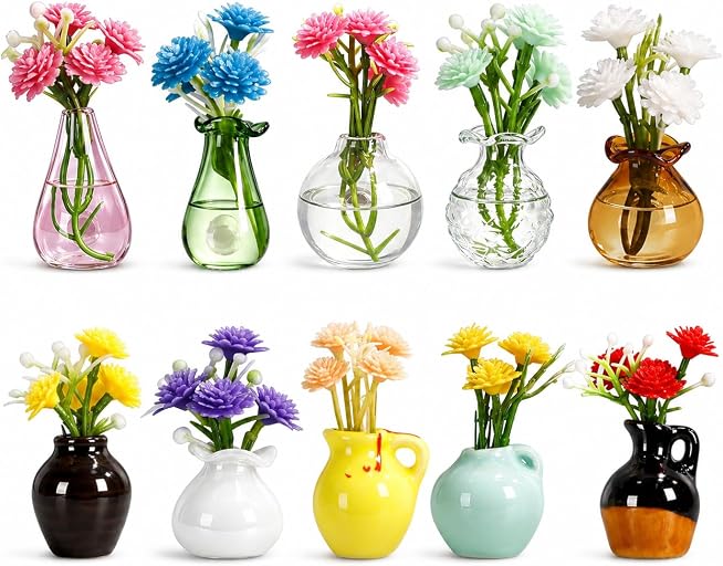 Mini Vase Magnets for Fridge - 10-Pack Mixed Ceramic and Glass Bud Vases - Slam-Proof for Mom, Teachers, Coworkers and Office Decor