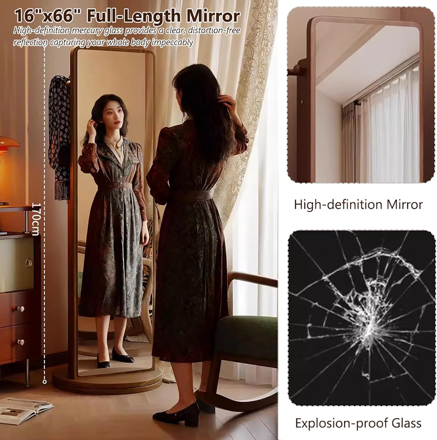 360° Rotating Full-Length Mirror with Bookcase,66“x16” Floor Mirror with Hangers, Solid Wood Coat Rack for Living Room Bedroom Entryway(15.7" W x 66.1" L, White)