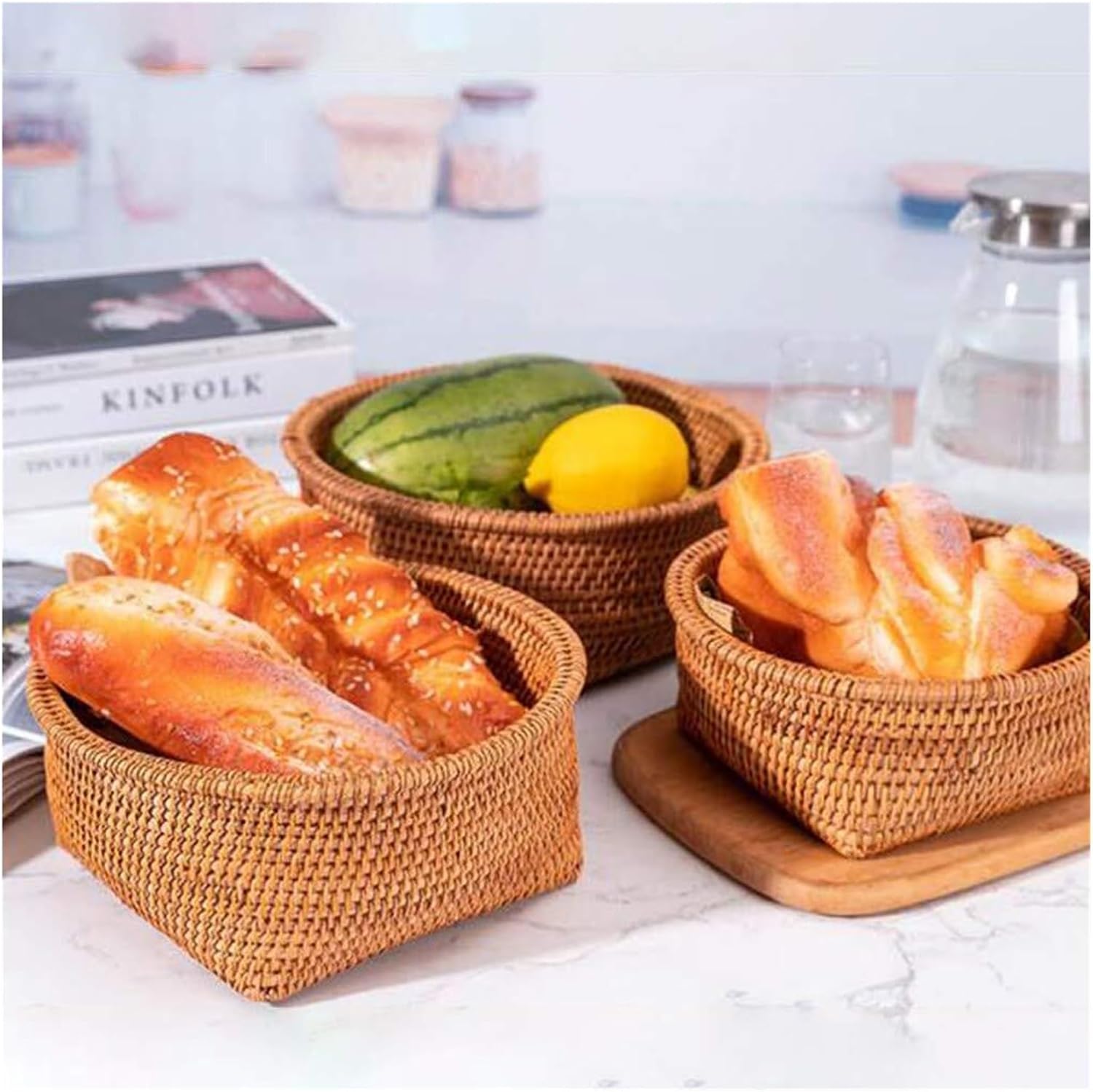 Handwoven Rattan Basket - Wicker Bread Tray for Serving Fruits, Vegetables, Snacks & Candy - Multipurpose Storage Bowl for Kitchen & Dining Decor(Centre)
