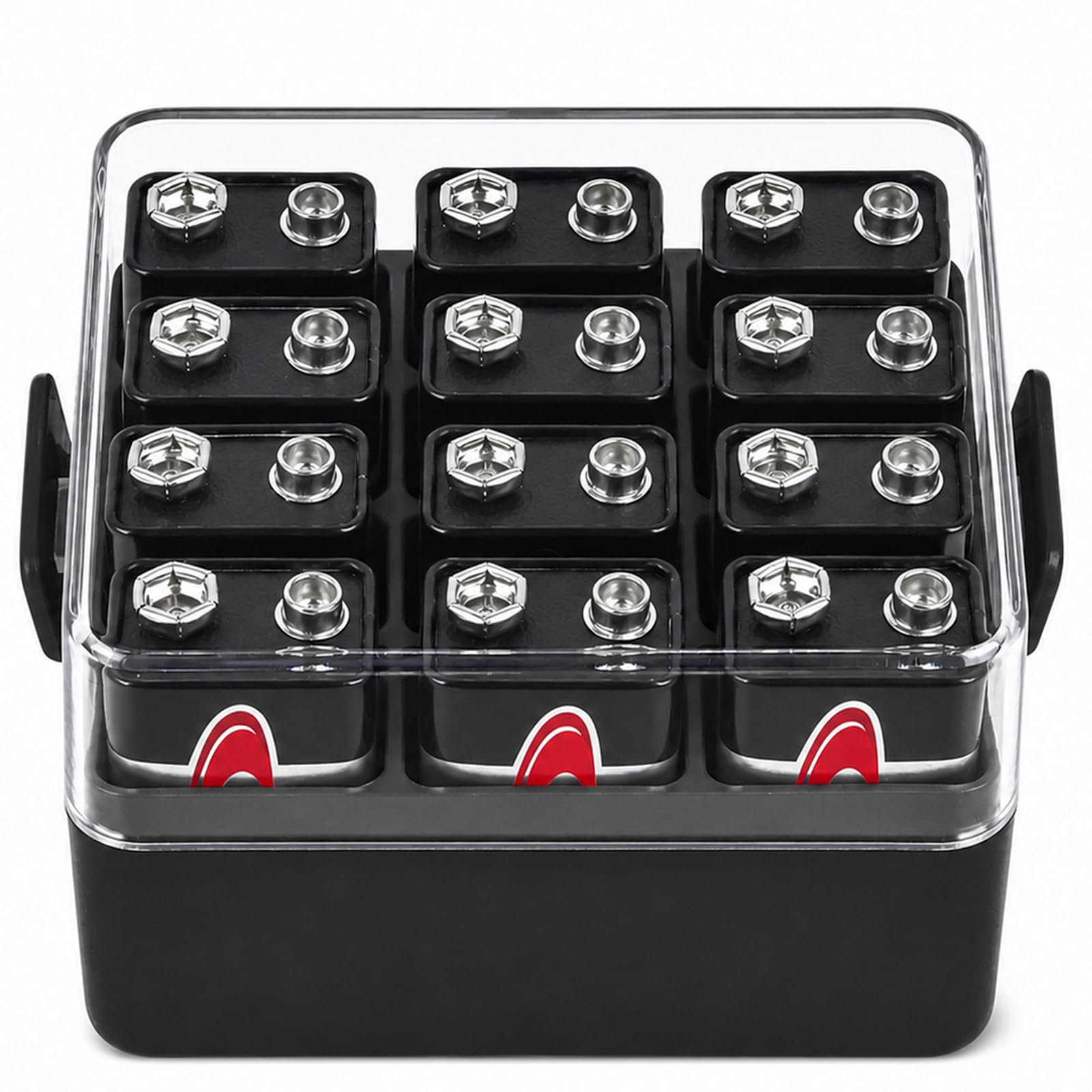ALCYON 9V Battery Organizer Storage Case, Battery Vault Box Container for 12pcs 9V Batteries, Plastic Clear Protective Battery Holder for Travelling/Home/Office (Box Only, Black)