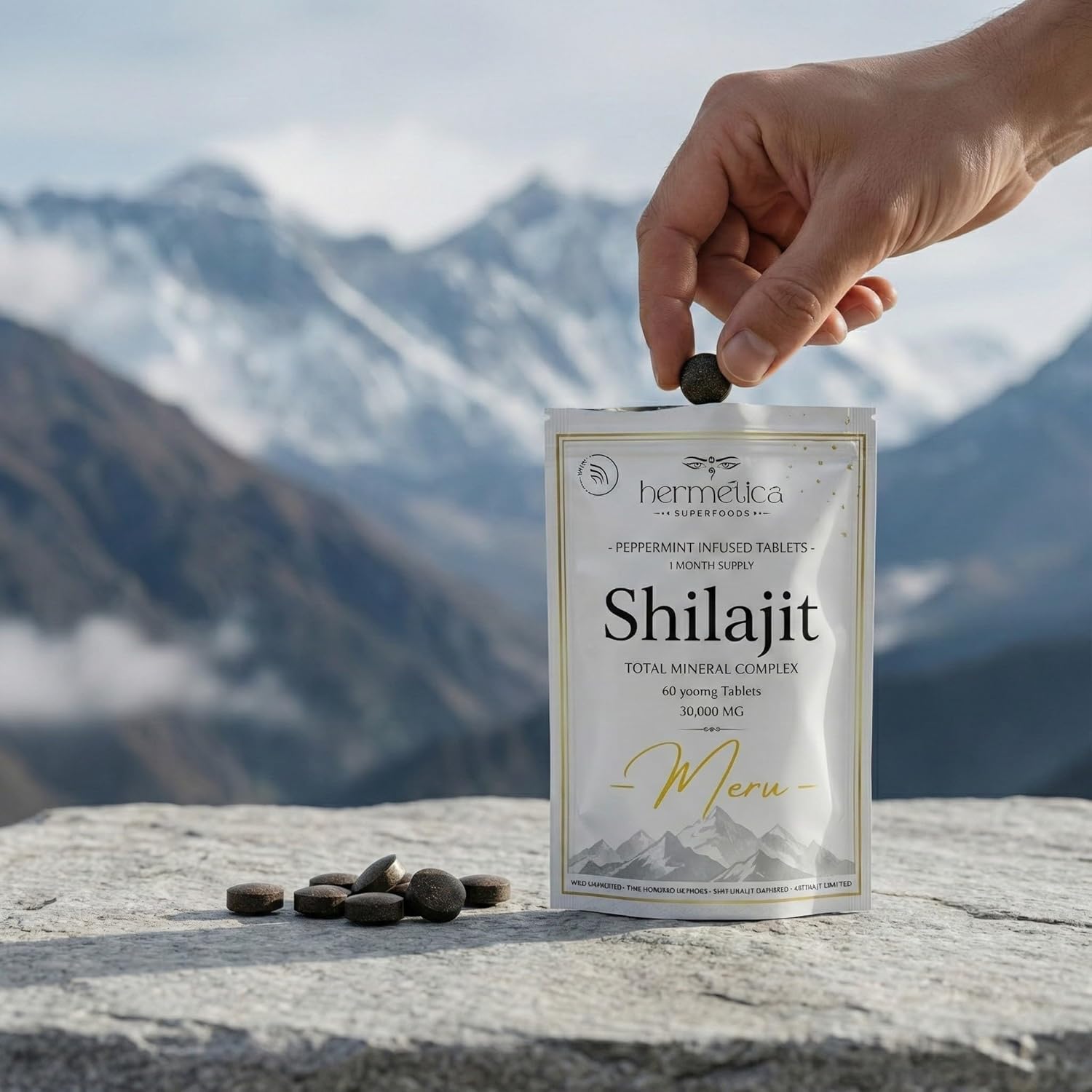 Hermetica Meru 500 mg Shilajit Tablets – Peppermint-Infused Mineral Supplement – 60 Dissolvable Tablets