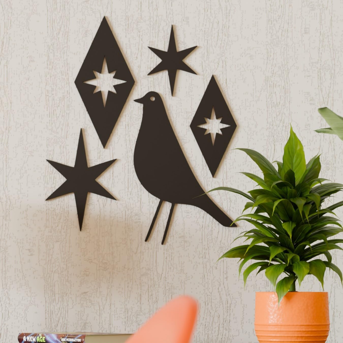 Mid Century Modern Atomic Bird Diamond Starburst Vintage Style Art Deco Wall Art | 1960s Retro Decor 50s Home Office MCM Midmod Decoration (Orange)