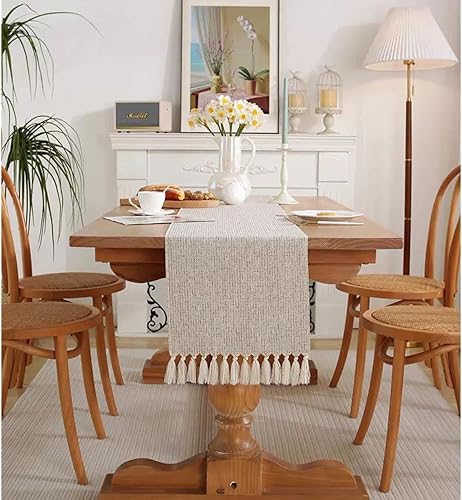 Miniatura 6 de WIGNEE Camino de mesa neutro marfil de 60 pulgadas de largo, camino de mesa bohemio de 13 x 60 pulgadas, camino de mesa blanco con borlas (13 x 60