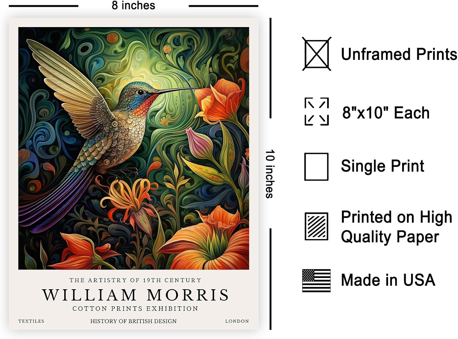 Poster Master William Morris Poster - Hummingbird Print - Bird Art - Animal Art - Botanical Artwork - Exhibition Piece - Floral Illustration - Farmhouse Creation - Aesthetic Living Room Decor - 8x10 UNFRAMED Wall Print