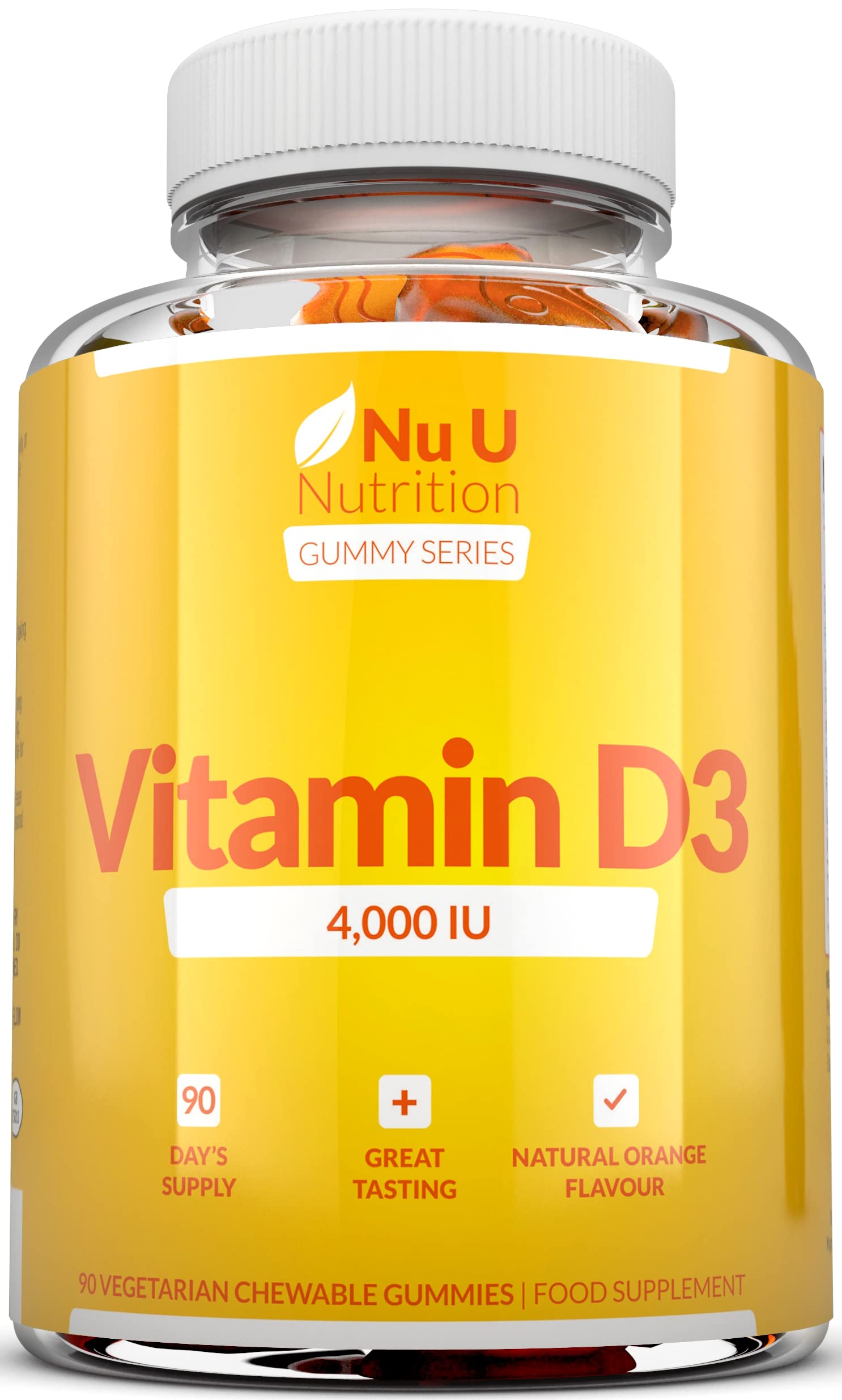 Vitamin D3 Gummies 4000IU Adults - 90 Vegetarian Gummies - Natural Orange Flavour - Chewable VIT D Gummy Supplement - Made in The UK - Nu U Nutrition