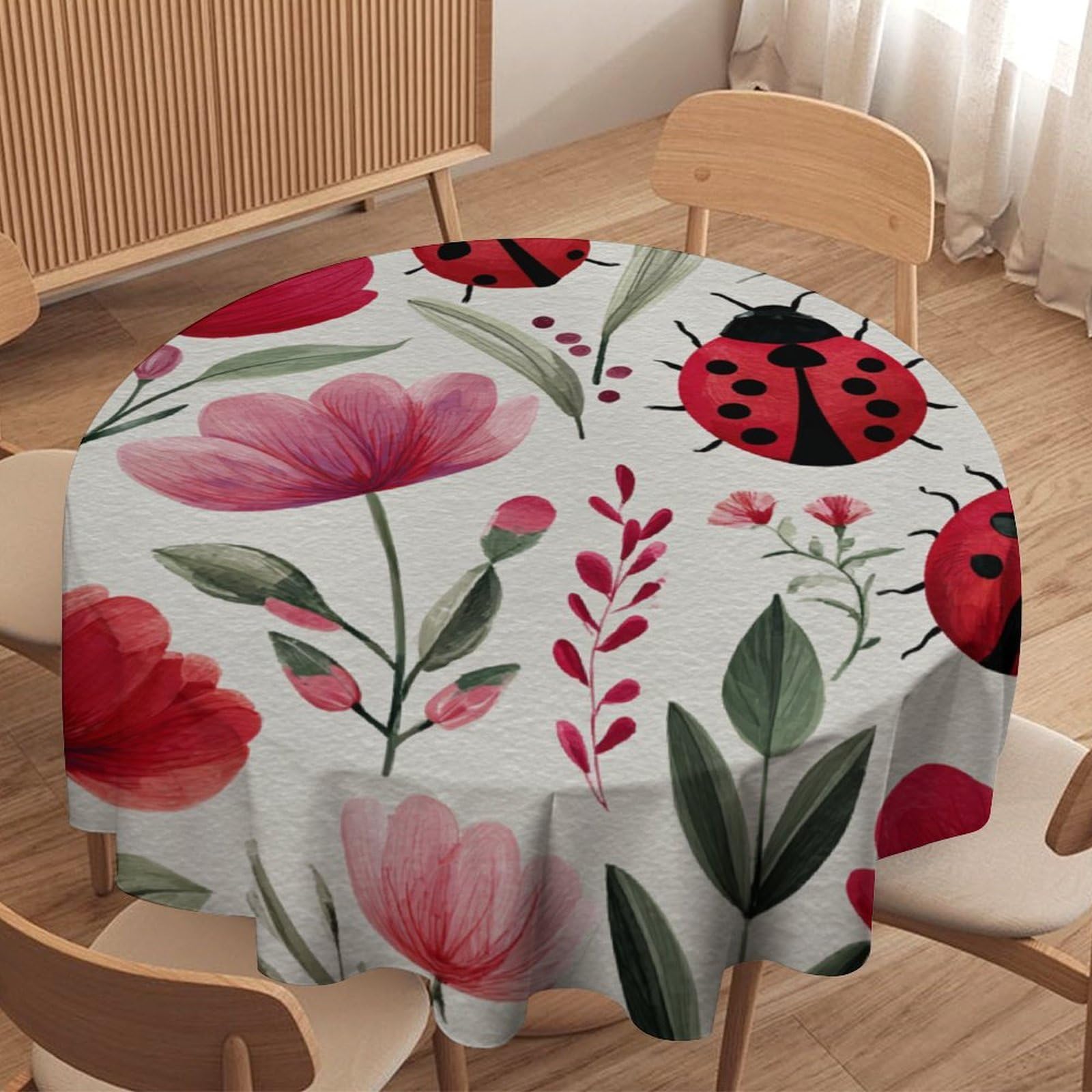 LUYYSKY Beautiful Colorful Cute Ladybug Waterproof Round Tablecloth Rustic Realistic Floral Garden Ladybug Pattern Washable Table Cover for Kitchen-91.4" Wx91.4 L cm
