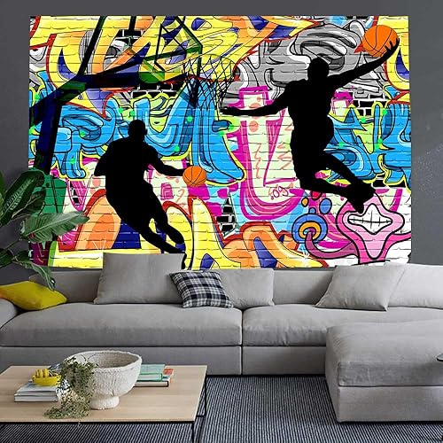 Miniatura 5 de Ine Ive Tapiz deportivo de baloncesto con graffiti nostálgico, tapiz de pared de arte callejero de 60 x 40 pulgadas, para niños, silueta de tiro de