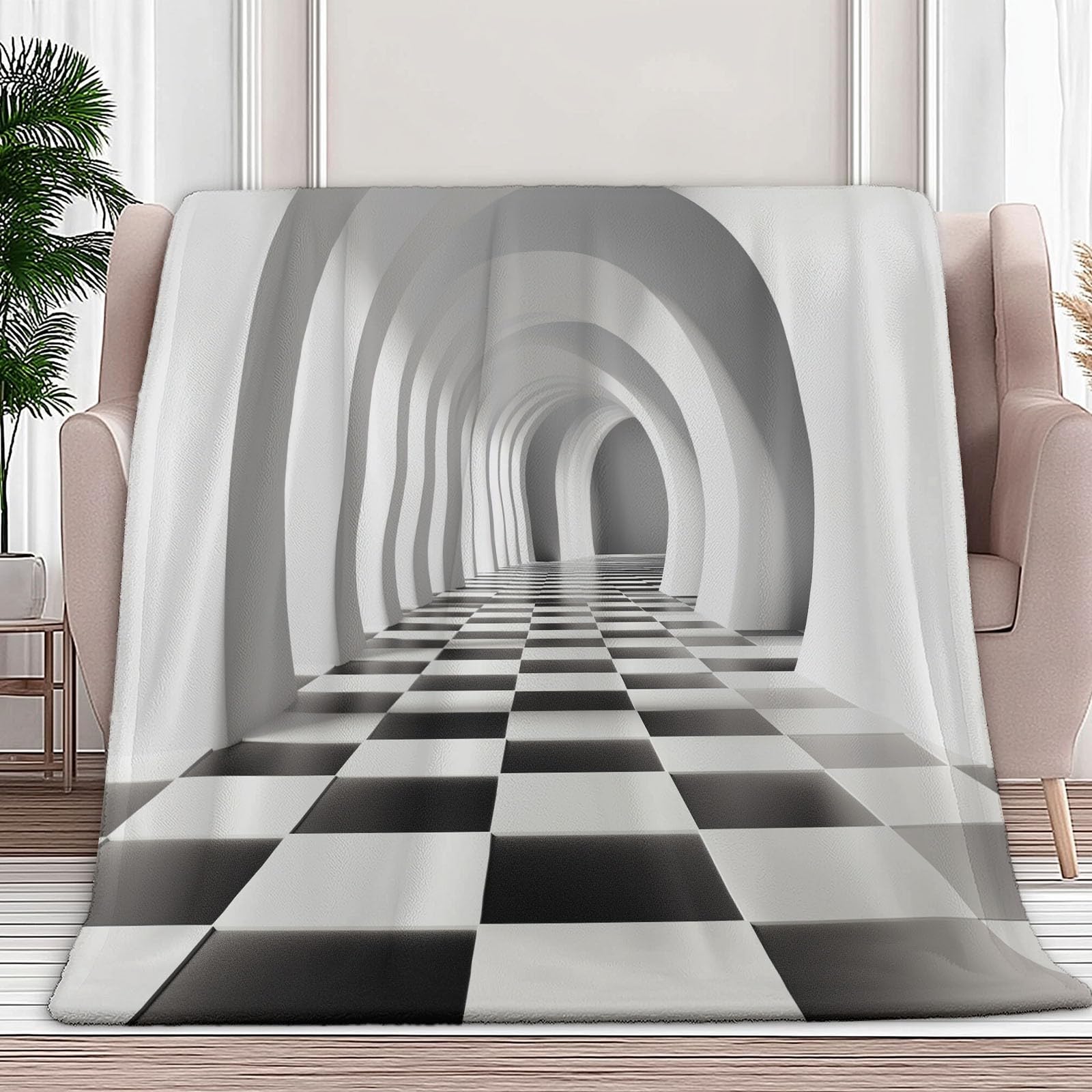 Griglia In Bianco E Nero Tunnel Spaziale Coperta Plaid Pile Flanella con Stampa, 220 x 240 cm Singolo Matrimoniale 3D Calda Coperta Fluffy Copridivano Morbida Invernale Coperte Trapunta Divano, Grigio