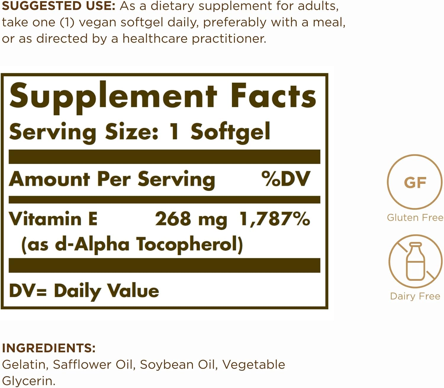 Solgar Vitamin E 268mg (400 IU) Alpha, 100 Softgels - Natural Antioxidant, Healthy Skin & Immune System Support - Naturally-Sourced Vitamin E - Gluten Free, Dairy Free - 100 Servings