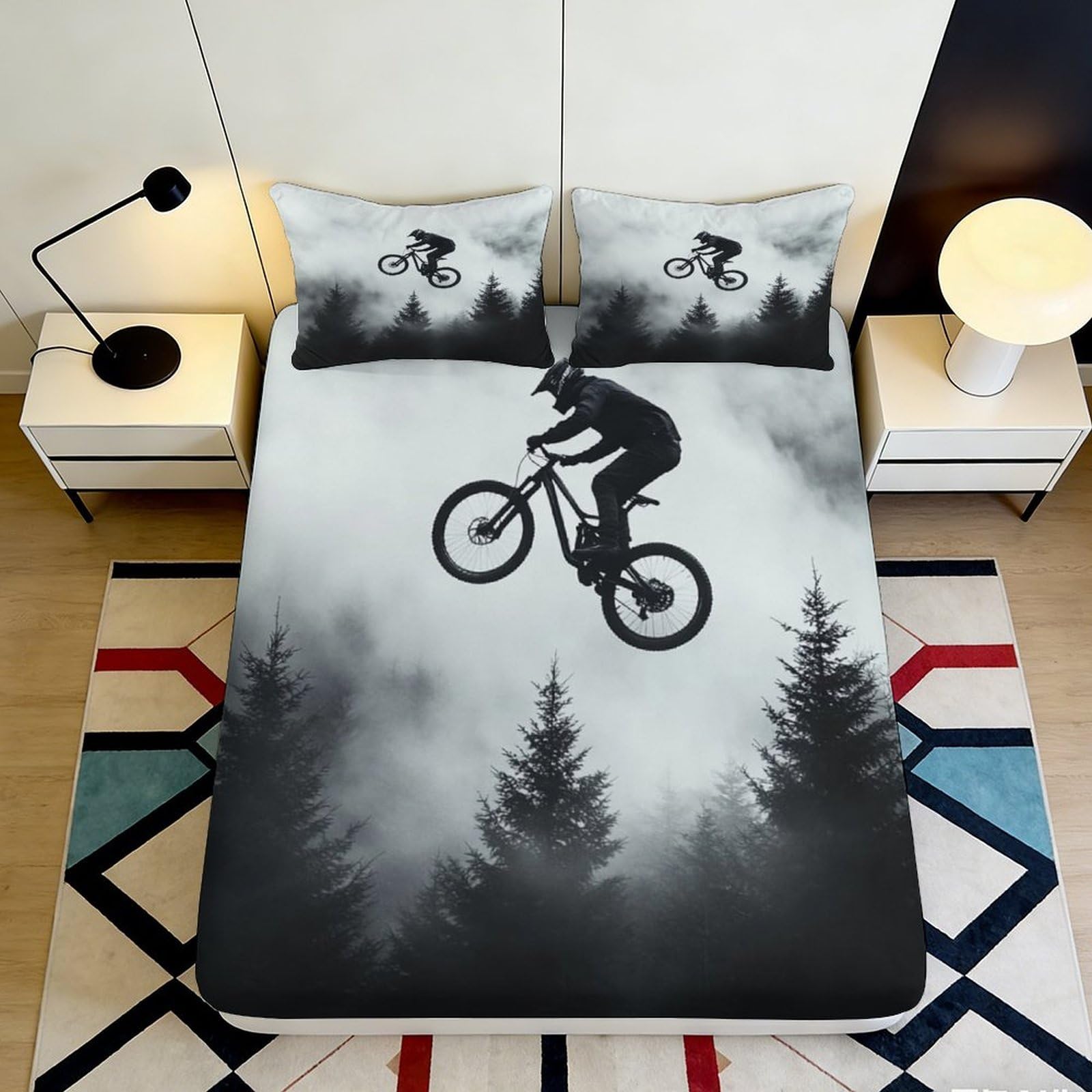 Jqzkxnhpbr Style-1 3D Printed Forest Bike Adventure Fitted Sheet Microfiber Soft Breathable Misty Mountain Bed Cover For Bedroom Dorm Decor 90X200x25cm