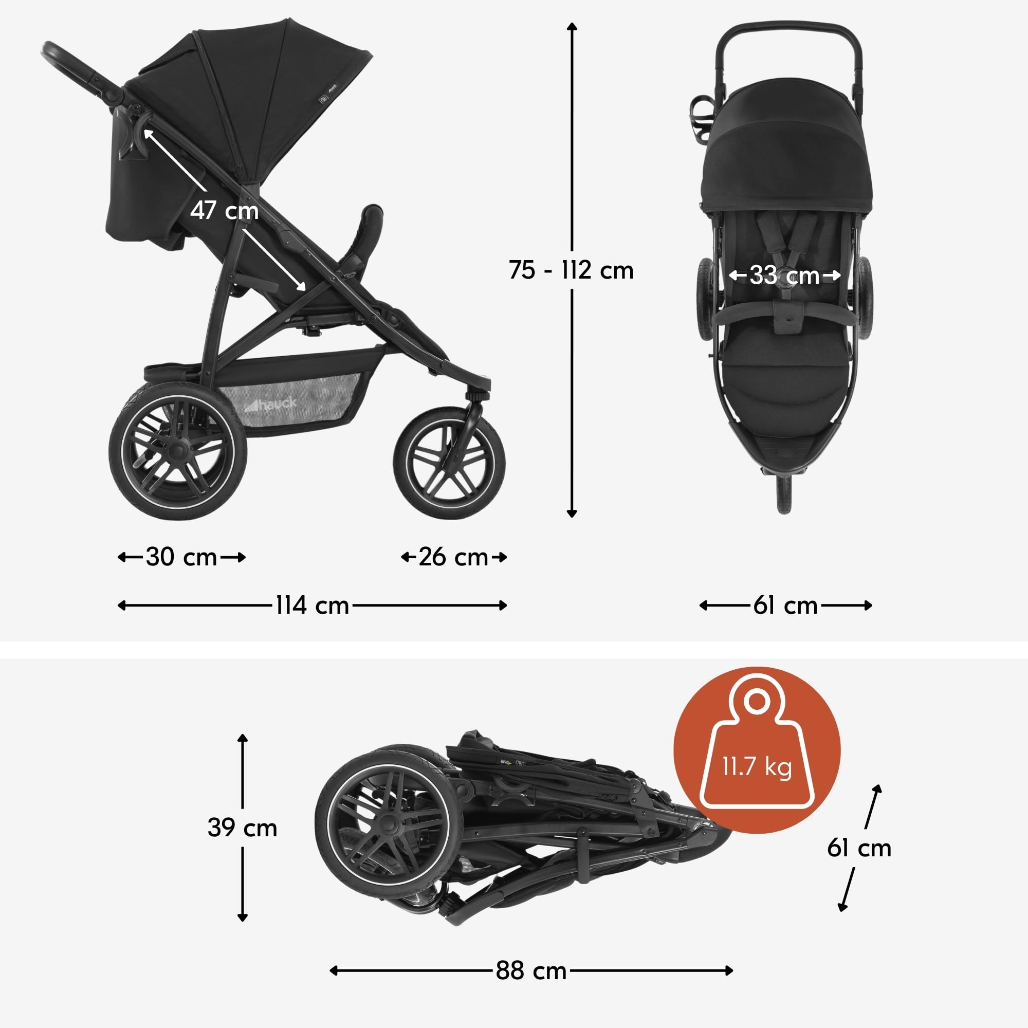 Hauck Rapid 3R Dreirad Kinderbuggy Schwarz mit Gummireifen Federung Liegeposition UV Schutz 50+ Zusammenklappbar Höhenverstellbarer Schieber Becherhalter