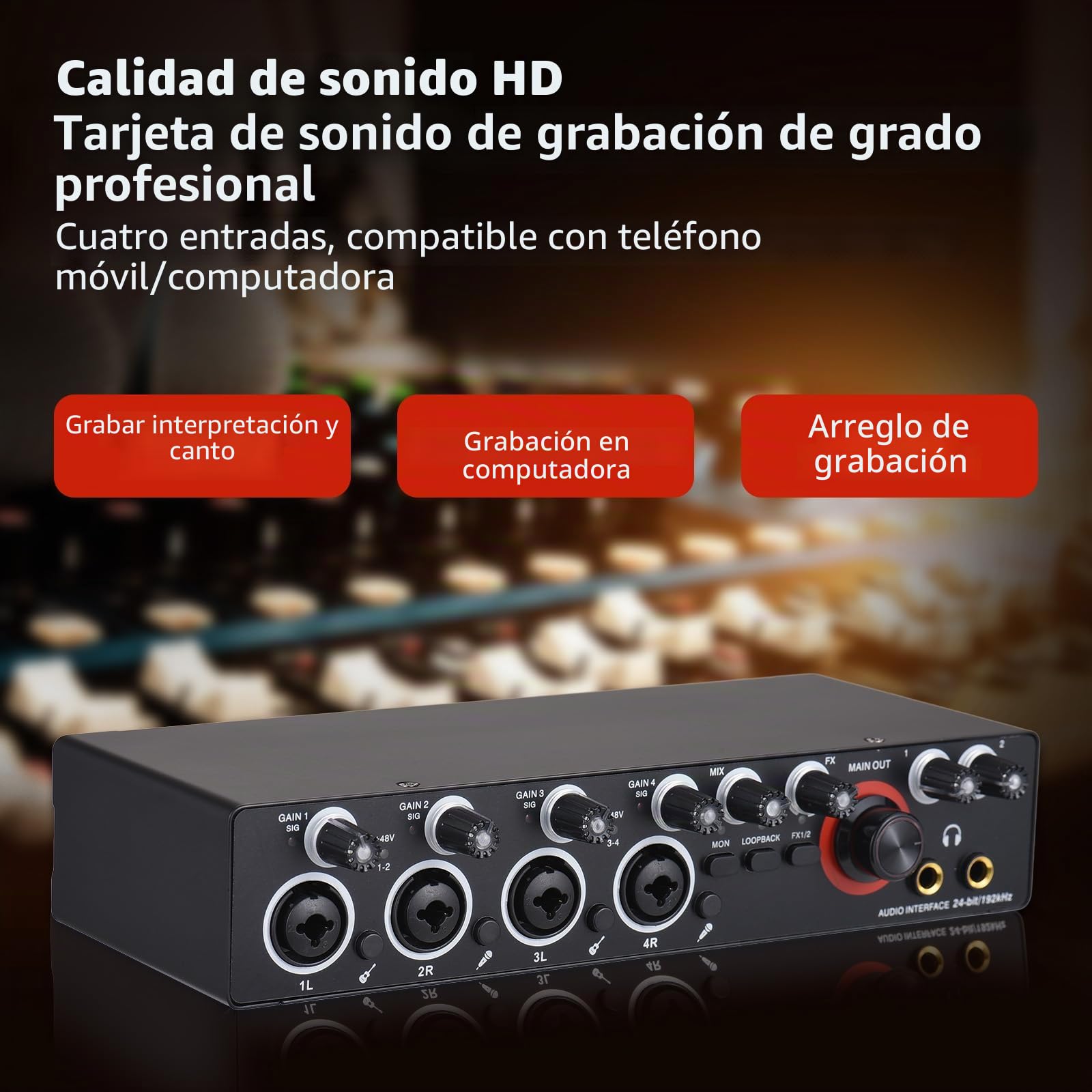 Tarjeta de sonido de grabación de 4 canales con interfaz de audio sin controlador, tarjeta de sonido USB 4 entradas 4 salidas, alimentación fantasma de 24 bits/192 kHz 48 V para grabación