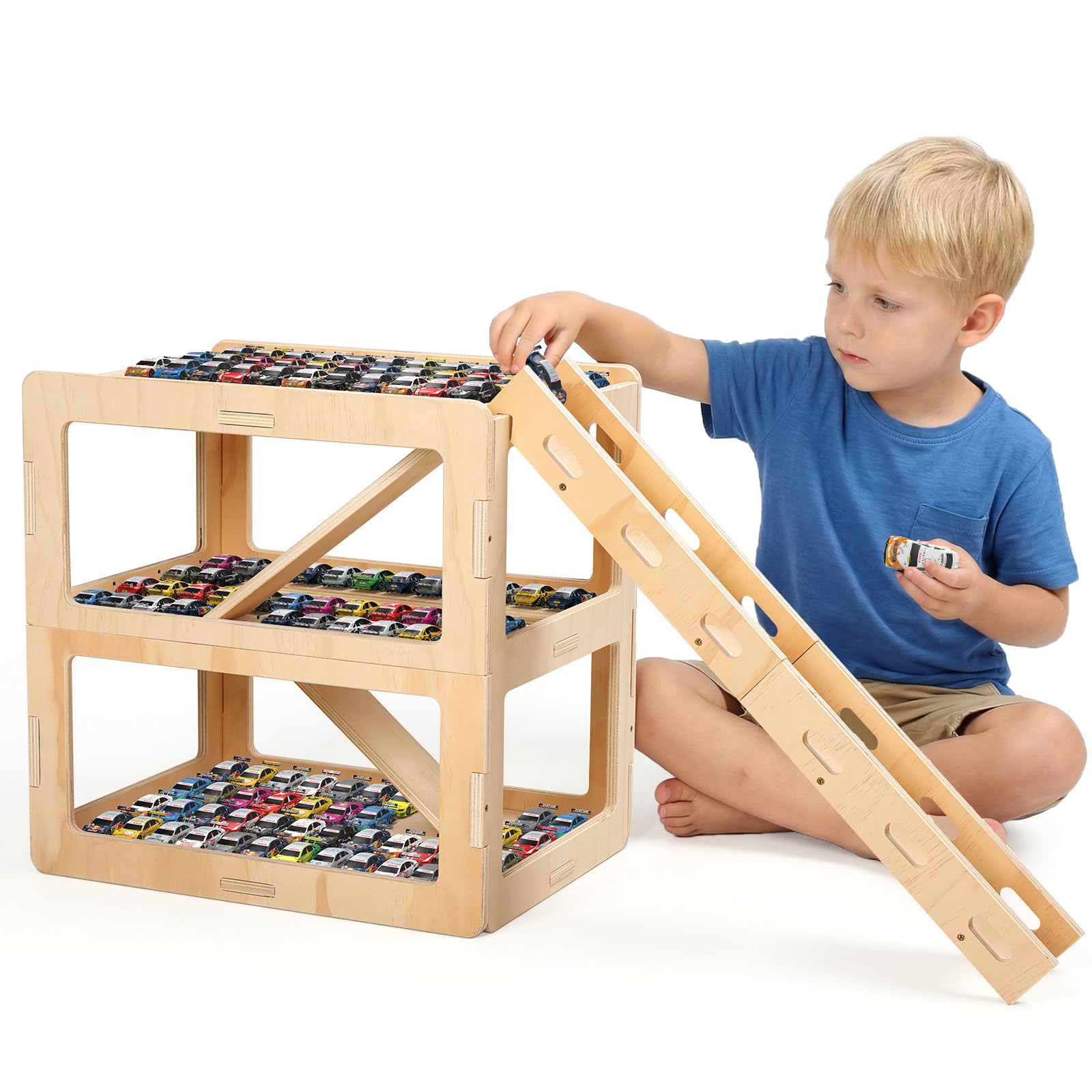 Photo 1 of Essenhome Wooden Toy Car Display Case Compatible with Hot Wheels & Matchbox, 1/64 Scale Parking Garage Storage with Foldable Racing Ramp, Easy Pin-Style Assembly Shelf for Kids Room Decor (Large)