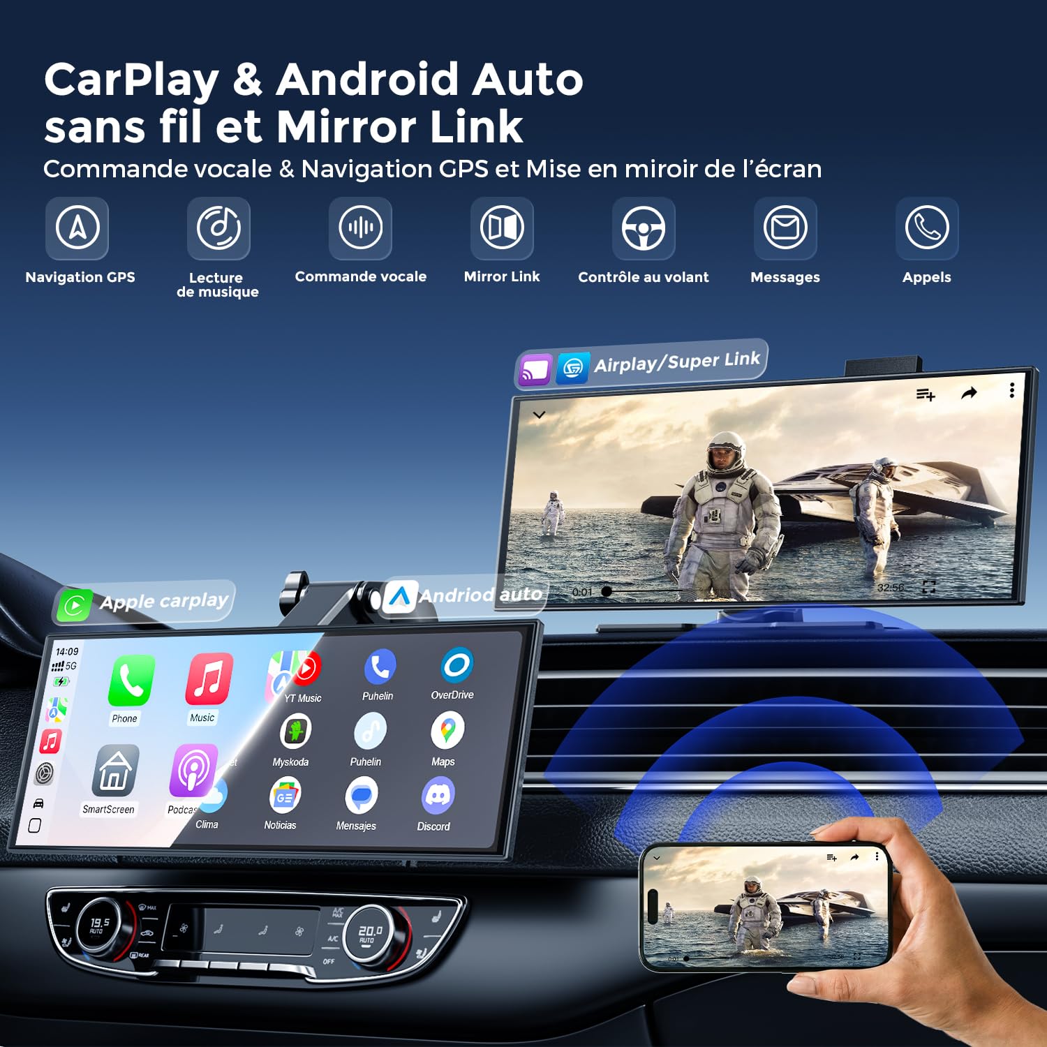 Avylet Écran 10,25" CarPlay & Android Auto, Détection AI BSD arrière | Dashcam 4K avant & HD 64Go, 1920x720P, 60FPS, Mirror Link, GPS, Navigation, Commande vocale, Bluetooth, AUX/FM