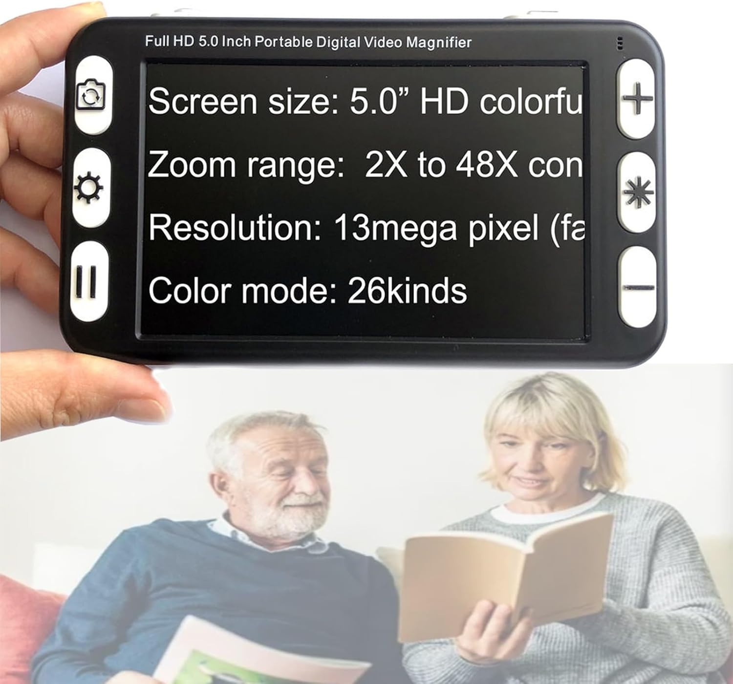 Handheld Mobile Portable Video Digital Magnifier 5.0-inch Electronic Reading Aid with Multiple Color Modes, with 13MP Near Far Dual Lens for Visually Impaired