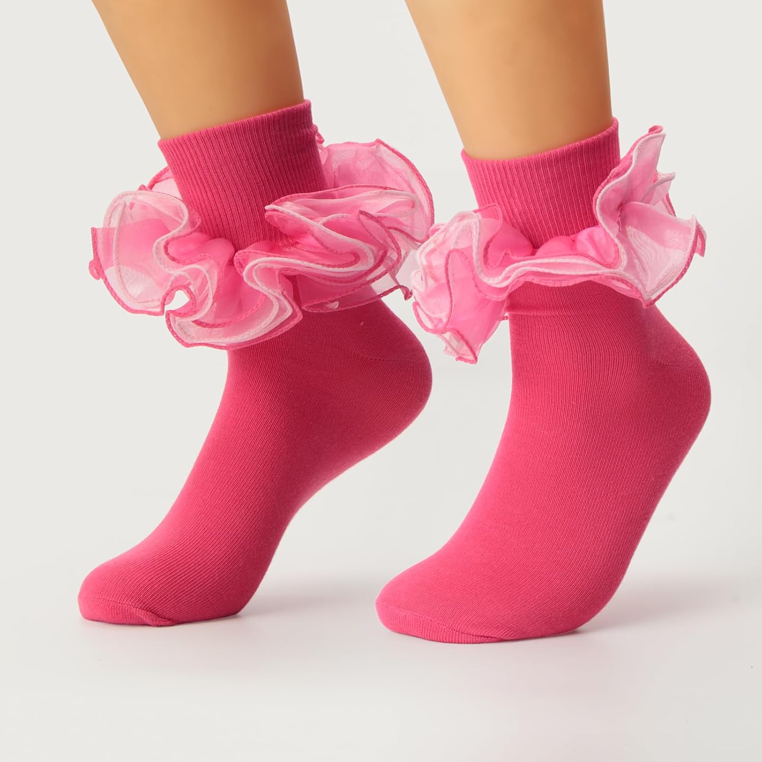 Snycler Women's Big Ruffle Socks Cotton Lace Trim, Double Layered Frilly Turn Cuff Ankle Socks for Ladies Casual Socks
