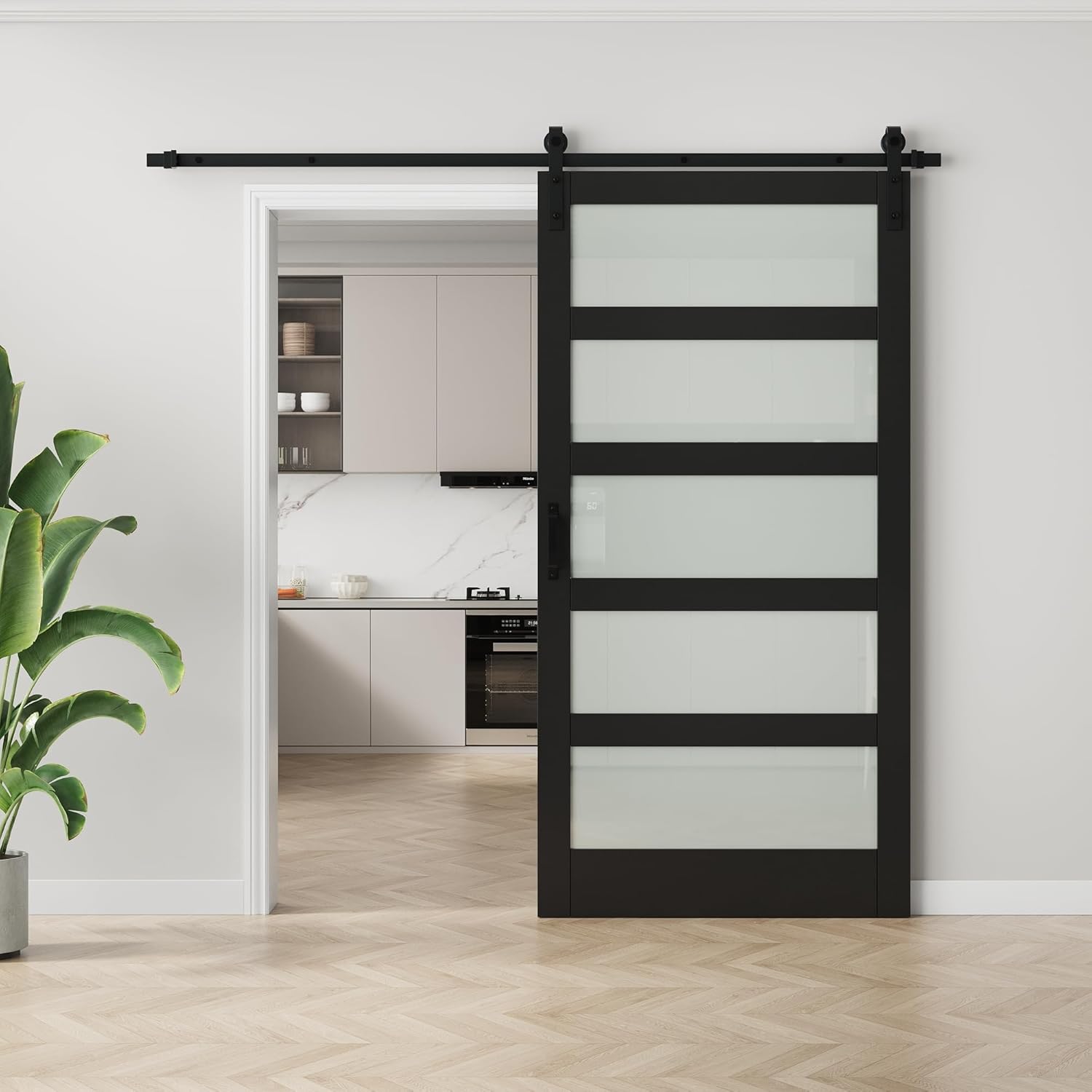 5-Lites Tempered Frosted Glass Barn Door with 7 FT Sliding Hardware Kit & Handle, Solid Core Wood Sliding Barn Door with Excellent Privacy Protection, Simple DIY Assembly Required, Black, 42" x 84"