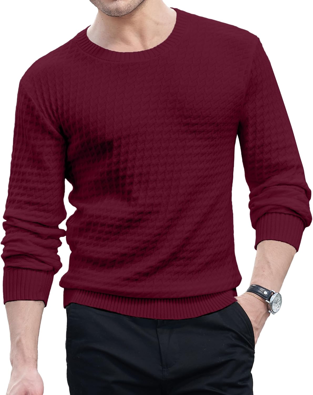 KUYIGO Men's Knit Sweaters Crewneck Long Sleeve Pullover Classic Soft Lightweight Quilted Textured Sweater Tops