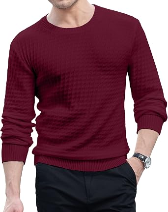 KUYIGO Mens Knit Sweaters Crewneck Long Sleeve Pullover Classic Soft Lightweight Quilted Textured Sweater Tops