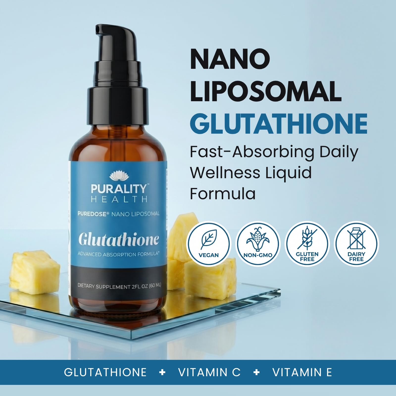 Purality Health Liposomal Glutathione Liquid for Immune, Detox Support | Nano Maximum Absorption Technology with Vitamin C | Pineapple Flavor, Vegan, Sugar-Free