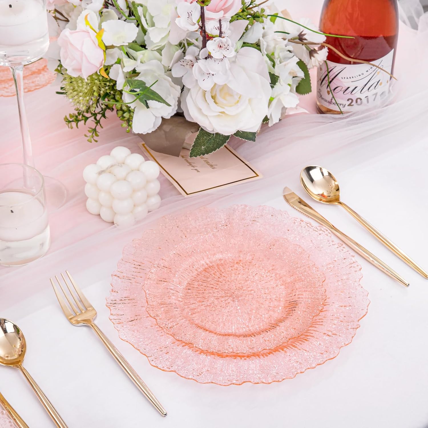 U-QE 60PCS Pink Plates for Party - Pink Plastic Plates Disposable Heavy Duty - Clear Pink Plastic Plates for Mother's Day Including 30 Plastic Dinner Plates 10" & 30 Plastic Dessert Plates 7"