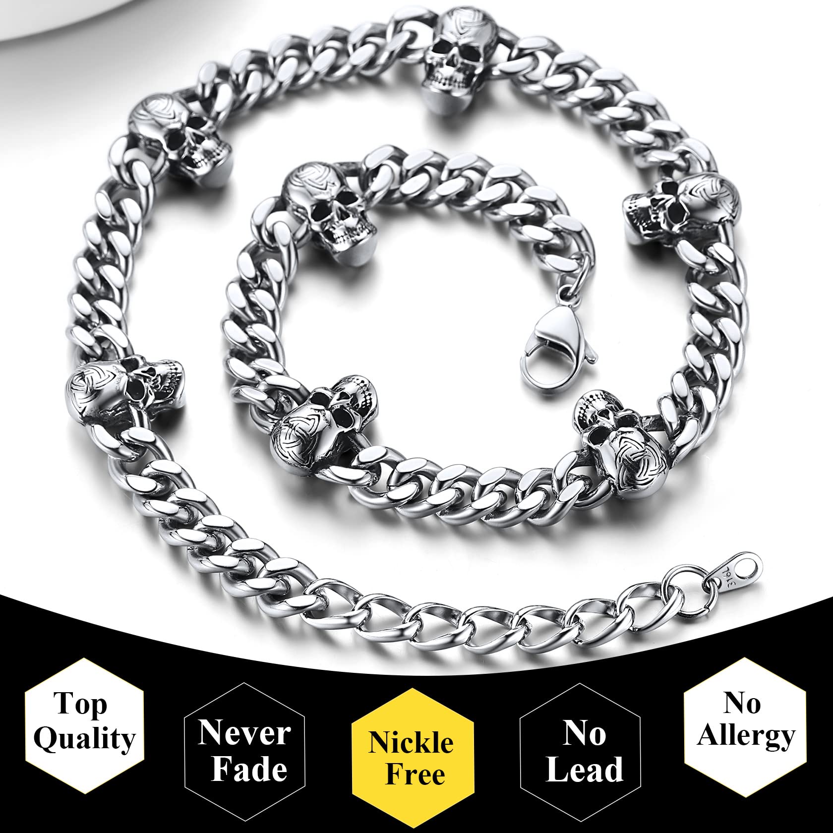 ChainsHouse Collana Catena Spessa da Uomo Metal Choker Collana Cubana Classcia con Spina Teschio StileTribale Punk Rock Gotico Larghezza 9mm Collana Corta Figo Hiphop Moda