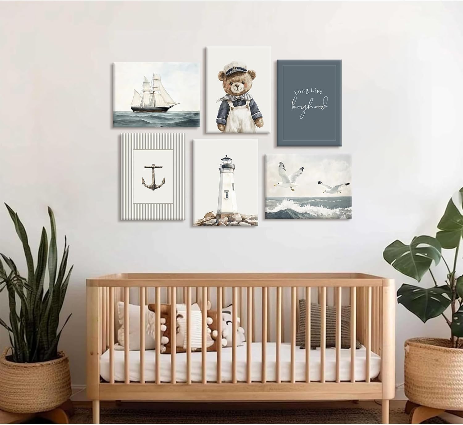 Teddy Bear Nursery Wall Art Baby Boys Room Canvas Poster Vintage Nursery Wall Decor Kids Coastal Prints Sailor Bear Pictures Nautical Sailboat Painting Artwork for Bedroom 12x16 Inch Ready to Hang
