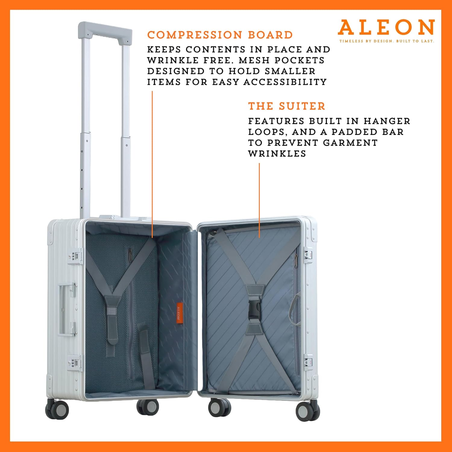 Aleon All Aluminum Lightweight 21" International Carry-On Hardside Luggage with Durable Hardshell, TSA Approved Heavy Duty Spinner Wheels, Rolling Travel Bag for Airplane, Premium Suitcase (Platinum)