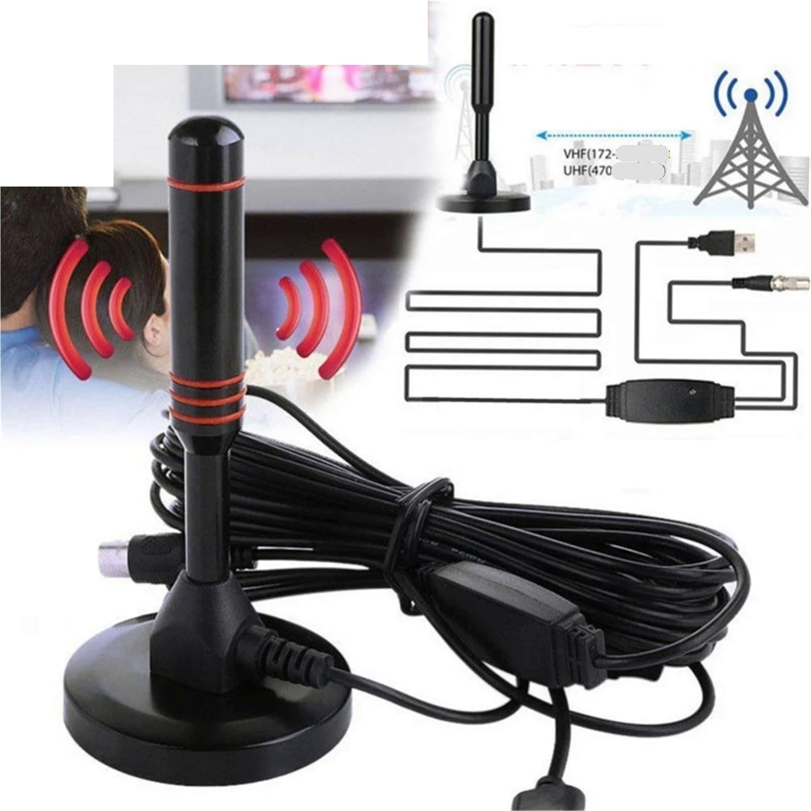 Genérico Compatible con Antena de TV Digital amplificada, Base magnética. | Funciona en interiores y exteriores, recibe señales VHF UHF for receptores DVB-T2(C)